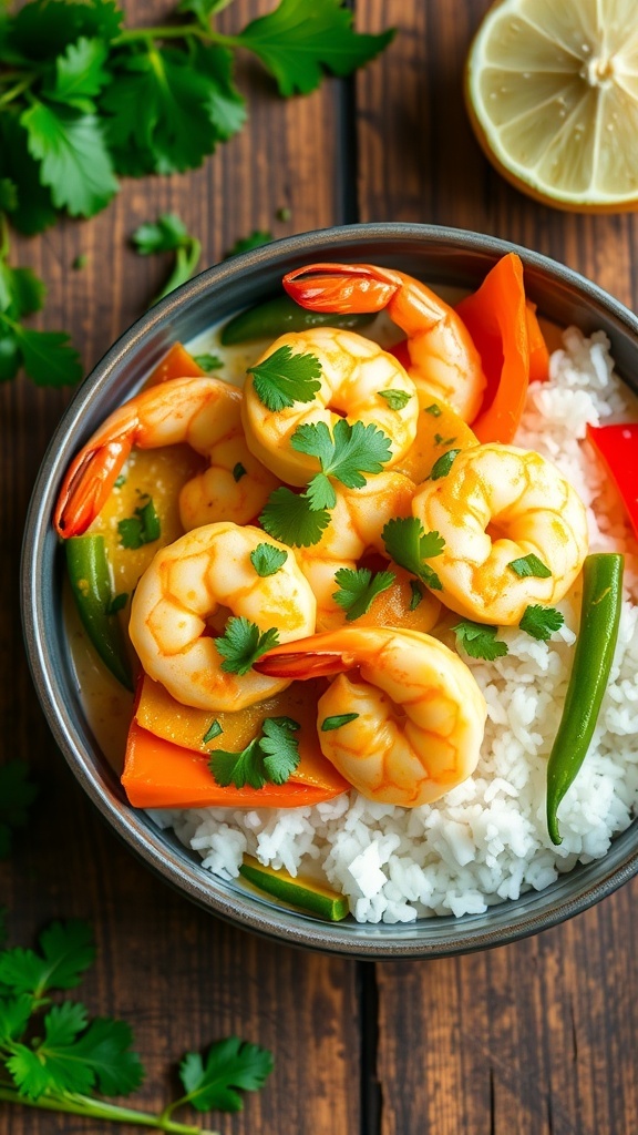 A bowl of Coconut Curry Shrimp with shrimp, bell peppers, and snap peas in coconut sauce, garnished with cilantro, served over rice.